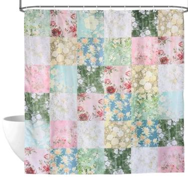 Imagem de Cortina de chuveiro floral boho patchwork, 188 x 188 cm, cortinas de chuveiro retrô floral, vintage, para banheiras, conjunto de cortina de tecido impermeável com 12 ganchos, decoração de banheiro com