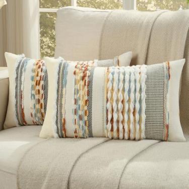 Imagem de FUTEI Conjunto de 2 capas de almofada com acento amarelo azul enferrujado, 30,5 x 50,8 cm de pelúcia, listradas, texturizadas, para decoração de sofá boêmio de fazenda