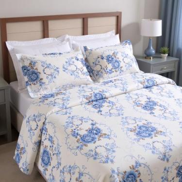 Imagem de Colcha Queen Kit 3 Peças Cobreleito Vermelho Antialérgico Algodão Percal - Conforto e Sofisticação para Seu Quarto (Floral Azul)