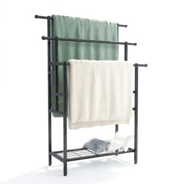 Imagem de Xizlapu Toalheiro de pé livre, suporte de escada de metal grande de 3 camadas com prateleira de armazenamento, preto, para banheiro, quarto, sala de estar