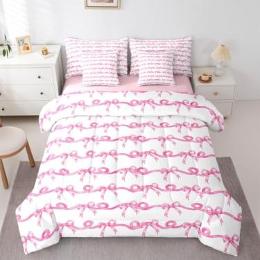 Imagem de Erosebridal Jogo de cama queen com laço rosa e branco com laço rosa e branco, listrado, 7 peças, para crianças, adolescentes, lençol com elástico, lençol de cima, com laço fofo e gravata borboleta