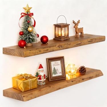 Imagem de Prateleiras flutuantes de 76 cm, prateleira flutuante de madeira de olmo maciça, prateleiras de exibição montadas na parede com suporte resistente para livros, prateleira de madeira rústica para