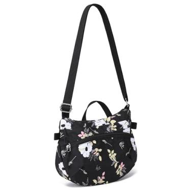 Imagem de Haytijoe Bolsas transversais femininas de viagem leves de nylon bolsas femininas pequenas bolsa de ombro alça superior bolsa mensageiro, Estampa de flor preta, Tendência