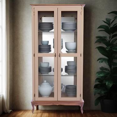 Imagem de Cristaleira De Madeira 2 Portas E Espelho Pés Luíz Xv - Amêndoa Laca Com Tampo E Base Imbuia Glazer