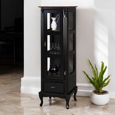 Imagem de Cristaleira De Madeira 1 Porta Com Vidro 1 Gaveta 2 Prateleiras Pés Luiz Xv - Preto Laca