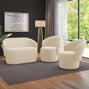 Imagem de Sofá Namoradeira E 2 Poltronas Orgânica Para Sala Malu Veludo Bege M11 - D`rossi