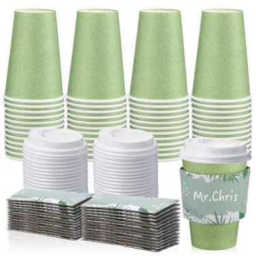 Imagem de Zopeal 50 peças de xícaras de café descartáveis de papel com tampas e mangas, copos quentes com tampas, copos de viagem com tampas para bebidas, casamento, viagem, negócios, festas, suprimentos (verde