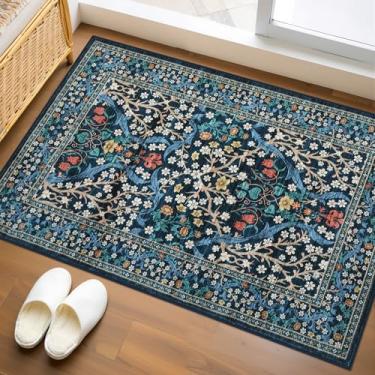Imagem de GarveeHome Tapete de entrada floral, 5 x 7 cm lavável para entrada da porta da frente, tapetes pequenos antiderrapantes para banheiro, tapete fino boho para cozinha, tapete macio para quarto, banheiro