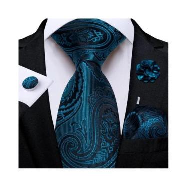 Imagem de Gravata Masculina Floral Paisley Rosa Com Lenço De Bolso, Abotoaduras 