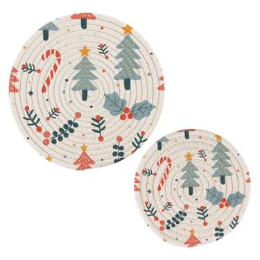 Imagem de Wassud Lindo conjunto de trivet de Natal para pratos quentes, suportes redondos de algodão, almofadas quentes, porta-copos elegantes, decoração de cozinha e acessórios, 2 peças