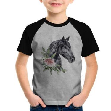 Imagem de Camiseta Raglan Infantil Cavalo e Flores - Foca na Moda, Cinza, Preto,