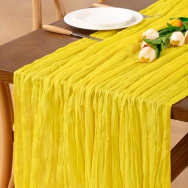 Imagem de Jimtx Caminho de mesa de gaze amarela 1 peça corredor de mesa de gaze boho primavera 55 × 30 cm, decoração de casa para casa de fazenda, casamento, chá de bebê, festa de aniversário, cerimônia