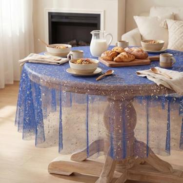 Imagem de Horaldaily Toalha de mesa de gaze dourada azul royal, redonda, 152 x 152 cm, folha metálica com glitter de lantejoulas douradas, gaze de tule transparente para casamento, chá de bebê, cerimônia de