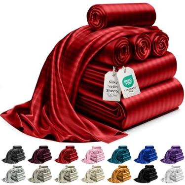 Imagem de Jogo de cama queen de cetim DECOLURE, 6 peças, luxuoso, sedoso, não amassa, lençol com elástico para colchões de 38 cm, perfeito para cabelo e pele, presente para mulheres, vermelho listrado
