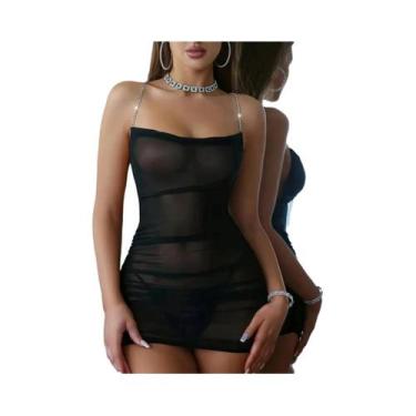 Imagem de Camisola Sexy De Malha Transparente Para Mulheres, Pijamas Com Aplique