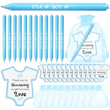 Imagem de 50 conjuntos de canetas esferográficas para chá de bebê para meninas e meninos, com cartões de chá de bebê e bolsas de organza para meninas, meninos, amigos, chá de bebê, lembrancinhas de festa de revelação de gênero (azul, menino)