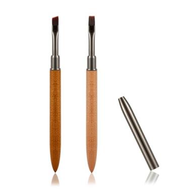 Imagem de 2 pincéis de limpeza de unhas, 2 estilos de pincéis de unha Builder, conjunto de ferramentas artísticas com cabo de madeira de cabeça plana e angular para pintura de unhas para extensão de unhas