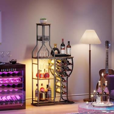 Imagem de Rack de vinho independente de 5 níveis com suporte para copo de vinho suspenso e prateleiras de armazenamento, mini mesa de bar com 11 garrafas, rack de vinho para licor, rack de vinho com