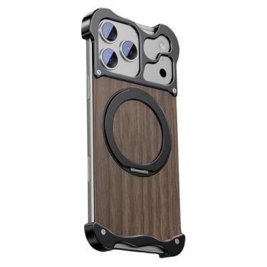 Imagem de HUHUCASE Capa de madeira de nogueira de formato irregular para iPhone 17 Pro Max, com suporte giratório magnético de metal de 360° e proteção contra quedas de airbag de quatro cantos (iPhone17promax