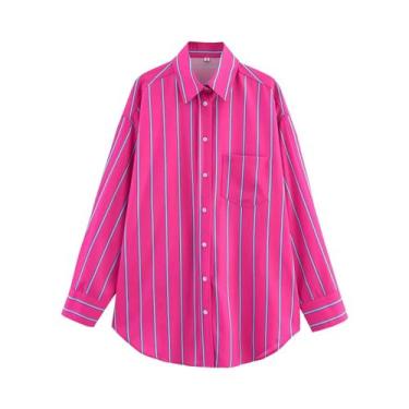 Imagem de Camisa Feminina Listrada De Manga Longa Com Botões E Bolso No Peito, D