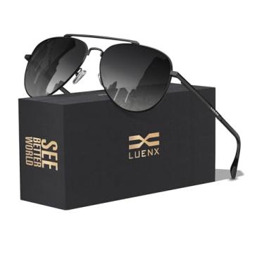Imagem de LUENX Óculos de sol aviador para homens e mulheres com lentes polarizadas para dirigir – proteção UV 400 com acessórios 60 mm, Lente preta degradê fumê / armação preta, 60mm