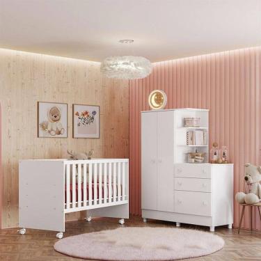 Imagem de Berço Nacional 3540 e Guarda Roupa com Cômoda 4070 Ambiente Doce Sonho Branco Brilho com Pés – Qmovi