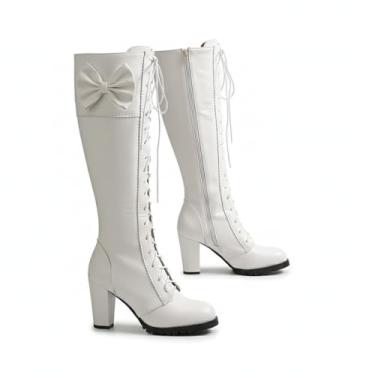 Imagem de Bota Feminina Cano Alto Branca Laço Salto Bloco Tratorado Coturno Blogueira.Apos a compra envie uma mensagem ao vendedor informando seu número.