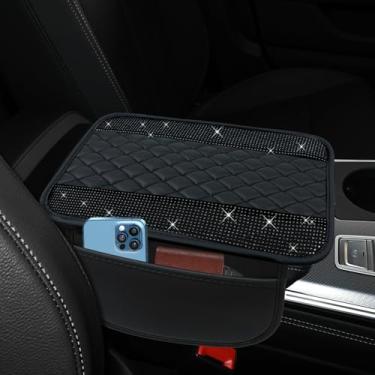 Imagem de ongfuwu Capa de couro brilhante para console central de carro, capa de descanso de braço automotivo de strass de cristal com bolsos laterais, protetor universal de apoio de braço para veículos