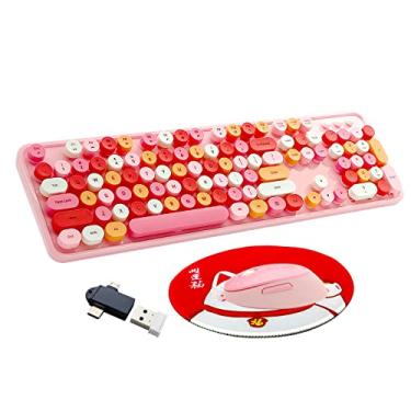 Imagem de Seaciyan Conjunto de teclado e mouse sem fio, ergonômico, fofo, retrô, máquina de escrever, tamanho completo, colorido, USB, sem fio, conjunto de mouse para jogos e escritório (rosa)