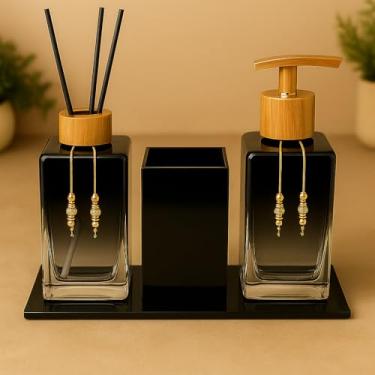 Imagem de Kit de Lavabo com Frascos Vazios - Sabonete Líquido, Aromatizante, Porta-Escovas e Bandeja, Funcional para Banheiro Doméstico (Preto Degrade C/amadeirado)