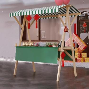 Imagem de Carrinho de comida dobrável portátil sobre rodas - carrinho de mão de vendedor de rua de madeira para cachorros-quentes, suporte de exibição de mercado ao ar livre, ideal para negócios e eventos