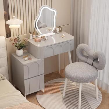 Imagem de Conjunto de mesa de maquiagem com espelho e cadeira de LED inteligente, penteadeira compacta para quartos modernos, ideal para espaços pequenos, peça de mobiliário elegante e funcional
