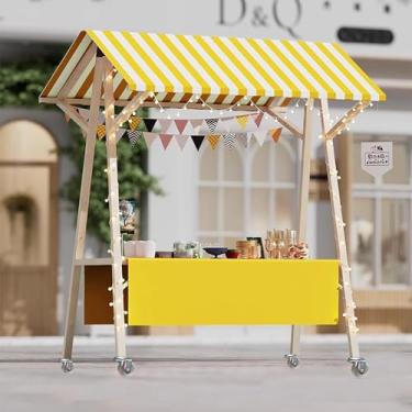 Imagem de Carrinho de comida portátil com dossel - Carrinho de mão móvel dobrável para sorvete, cachorro-quente, suportes de frutas e flores - Quiosque amarelo de 150 cm para eventos
