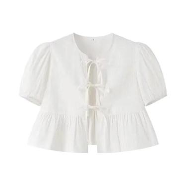 Imagem de Blusa Branca E Preta Com Babados E Mangas Bufantes, Top Cropped Para M