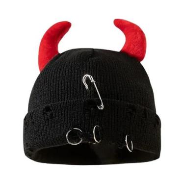 Imagem de Gorro De Inverno Unissex Com Chifres De Diabo Em Tricô, Touca Quente D