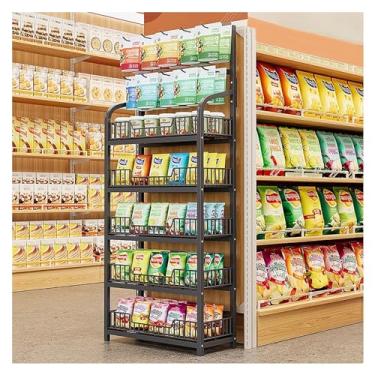 Imagem de Organizador de lanche de aço de 5 camadas – suporte de exibição de prateleira de supermercado para doces, batatas fritas, frutas e vegetais – Armazenamento de cozinha doméstica com ganchos (C 50 cm