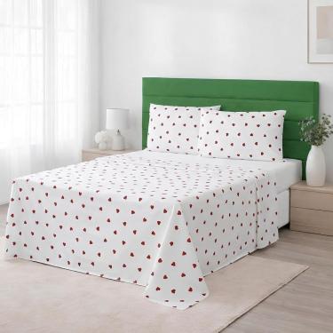 Imagem de Jg Lençol Queen 4 Peças 100% Algodão 180 Fios Corações 45cm Vermelho