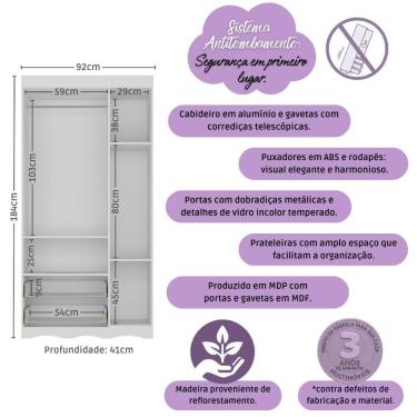 Imagem de Guarda-roupa Infantil 92cm Com Vidro 3 Portas E 2 Gavetas Sonho Multimóveis MP4472 Branco-madeirado