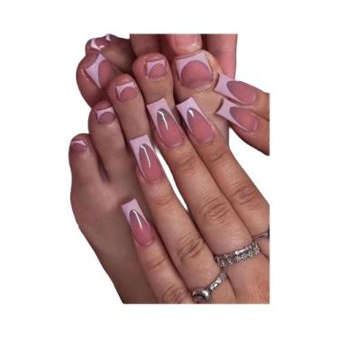 Imagem de Unhas Postiças Nude Brilhantes 48 Peças Com Borda Francesa Preta Para 