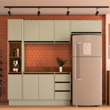 Imagem de Cozinha Modulada 4 Peças com Tampo e Rodapé Koya Politorno - Branco/Verde Oliva