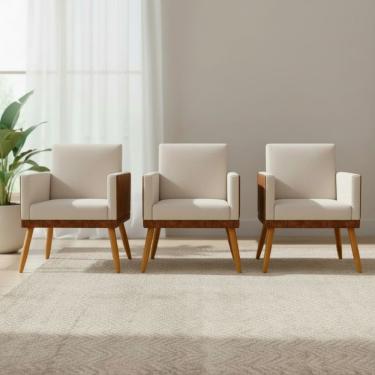 Imagem de Kit 3 Poltronas Decorativas Lis Para Sala Quarto Recepção Linho Corino Assento Confortável Pé Palito Castanho