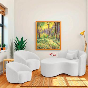 Imagem de Kit Recamier Curvo Sala De Estar Inglaterra 150cm Lado Esquerdo E 2 Poltronas Orgânica Luxo Amore Bouclé Branco