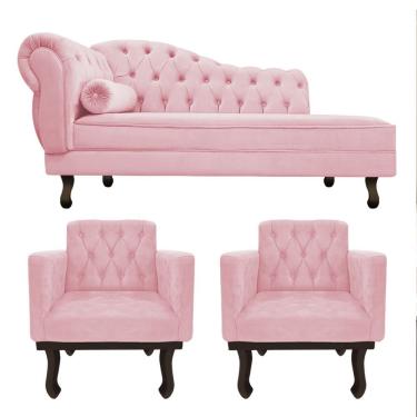 Imagem de Kit Divan Recamier Diana 3 Lugares 120cm Rosa Bebê Suede com 2 Poltronas Classic