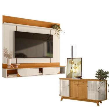 Imagem de Painel Para Tv Aura Com Aparador Buffet Mônaco Cinamomo Off White - Madetec