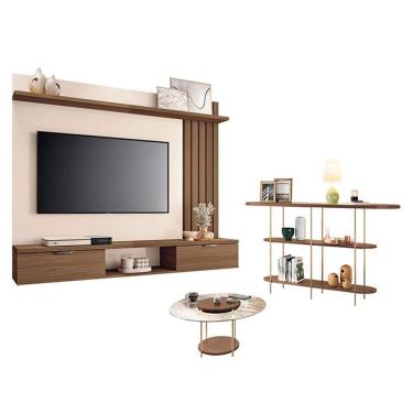 Imagem de Painel Suspenso Lets Castanho Off White Com Mesa De Centro Sky E Tampo De Vidro E Aparador Infinity Castanho - Hb Móveis
