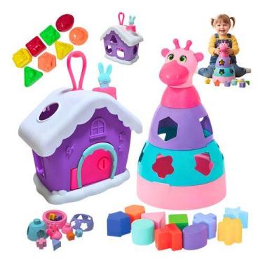 Imagem de Kit 2 Brinquedos Casinha Educativa Peças Encaixe Bebê 1ano e Girafa Di