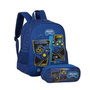 Imagem de Kit Escolar Mochila Costas + Estojo Duplo Game - UP4YOU, Azul