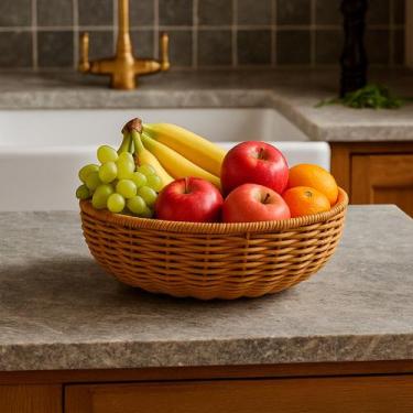 Imagem de Fruteira Redonda de Palha 23cm Natural Decorativa para Frutas Cozinha 