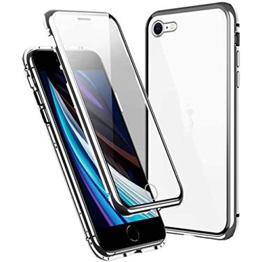Imagem de HAODEE Capa de concha magnética para Apple iPhone SE 2ND (2020) 4,7 polegadas, capa frontal e traseira de vidro temperado transparente, moldura de alumínio (cor: branco)