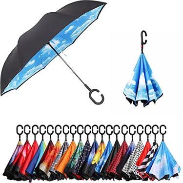 Imagem de NC Saa Guarda-chuva invertido de camada dupla com alça em forma de C, guarda-chuva reto à prova de vento à prova d'água anti-UV para uso externo de chuva de carro (azul celeste